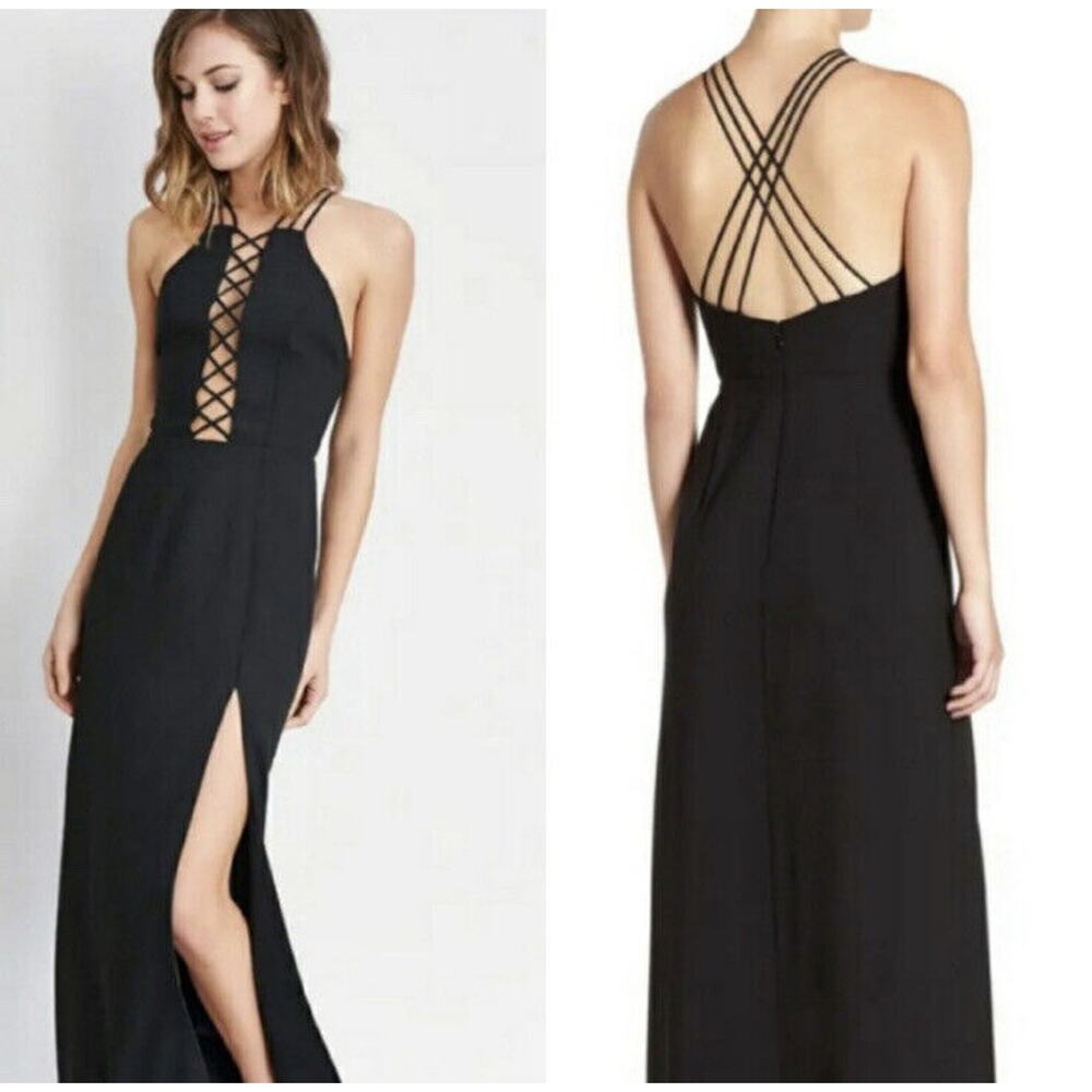 NBD Isla Prom Dress Black Strappy Revolve Women M $268 Gown Long Caged Halter